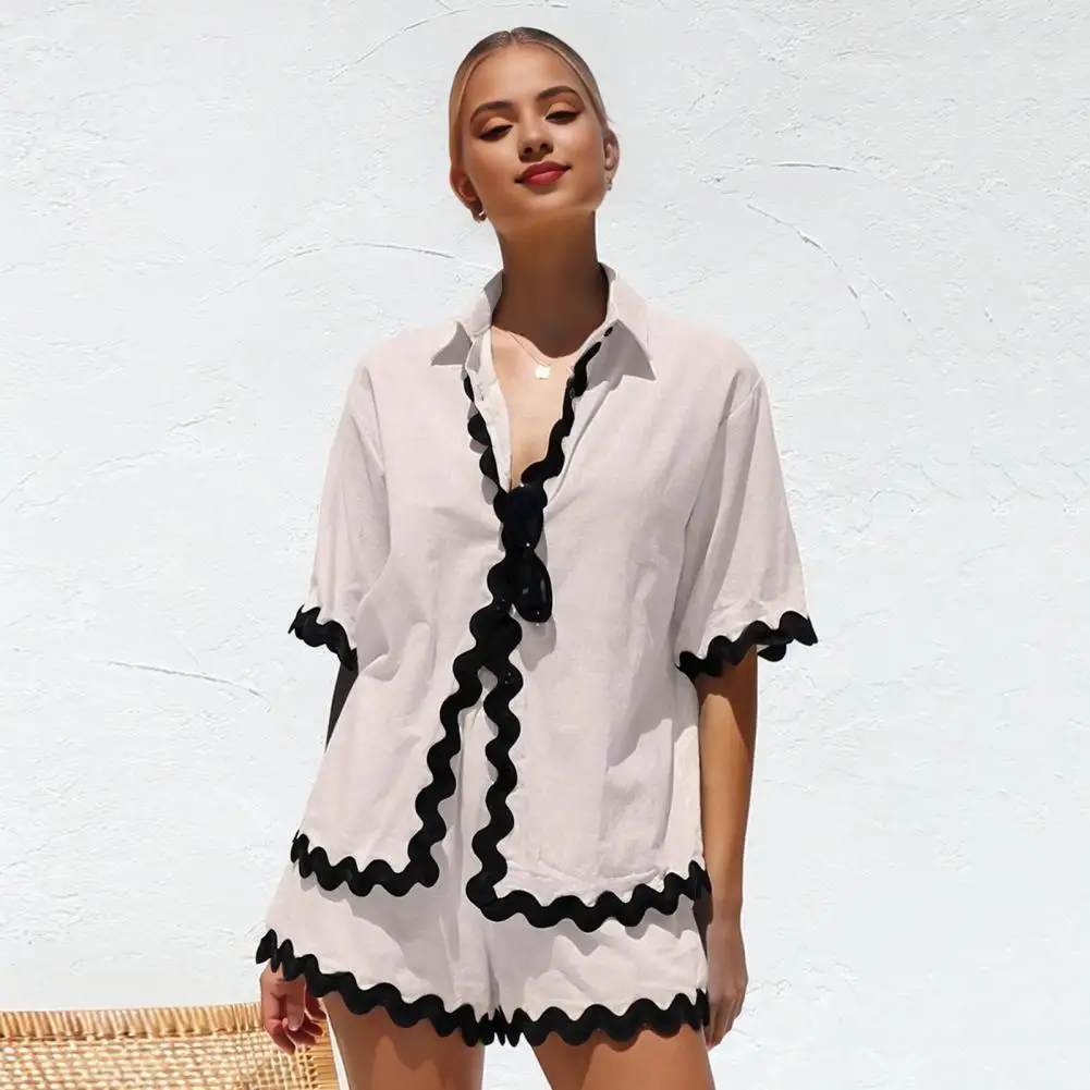 Women Top Shorts Set Women's Vacation Beach Shirt Shorts Set With Turn-down Collar Short Sleeves Elastic High Waist 2 For Summer