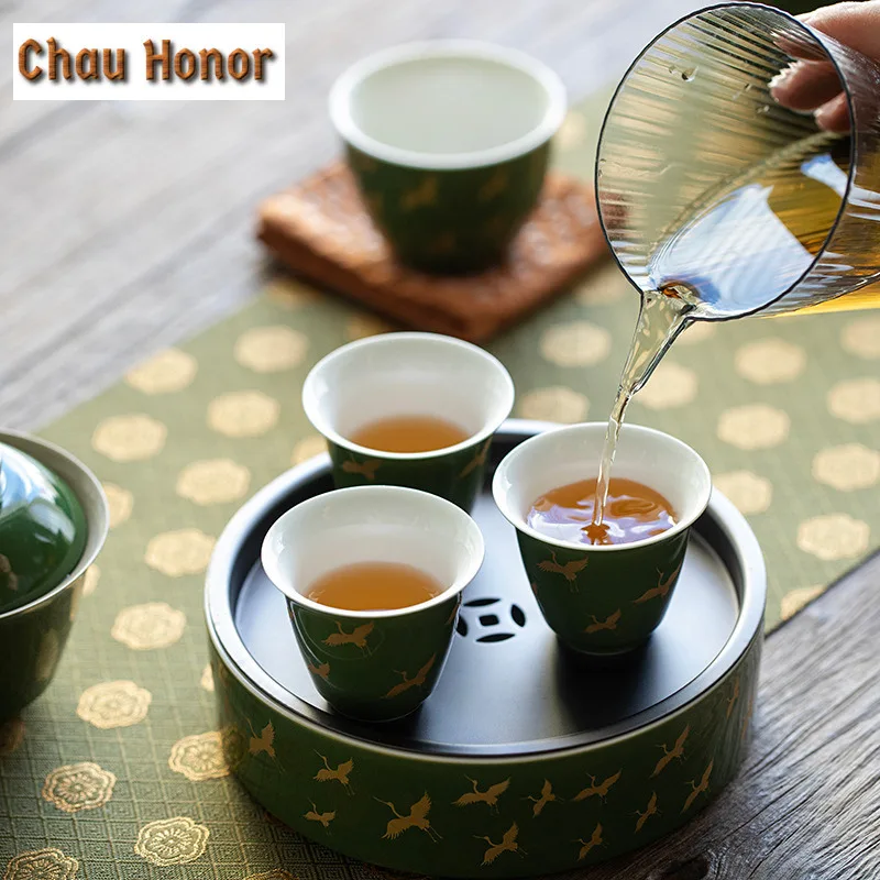 2pc/Set 45ml Hand Painted Emerald Glazed Gold Crane Art Ceramic Small Cup Household Kung Fu Tea Set Boutique Single Master Cup