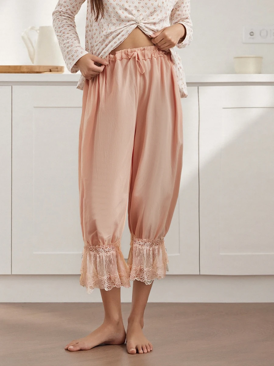 Women's Y2K Loose Fit Bloomers Cropped Pants Drawstring High Waist Floral Lace Patchwork Calf-Length Lantern Trousers