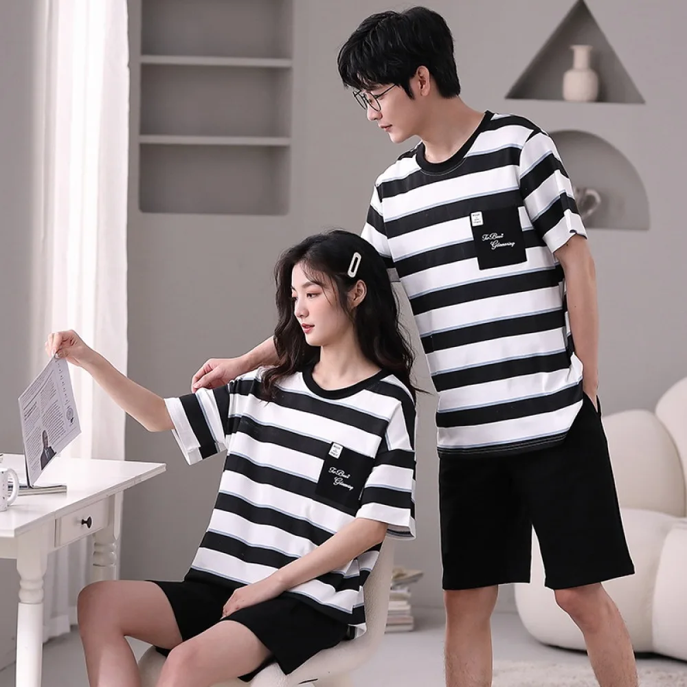 Couple Pajamas Set Combed Cotton Pyjamas Striped Loungewear Homewear Short Sleeve Sleepwear Pj Set For Lover Pijamas Mujer Suit m 3xl summer pijamas set for women loungewear short sleeve long pants lady pajamas cartoon sleepwear girl cotton pijamas