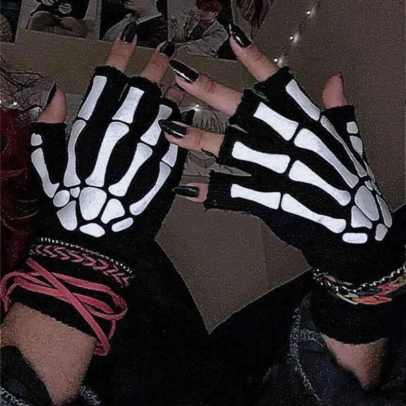 Blacklight Glow Skeleton Gloves Half Finger - Fluorescent Knit Claws for Rave Cosplay Halloween Party, Non Toxic