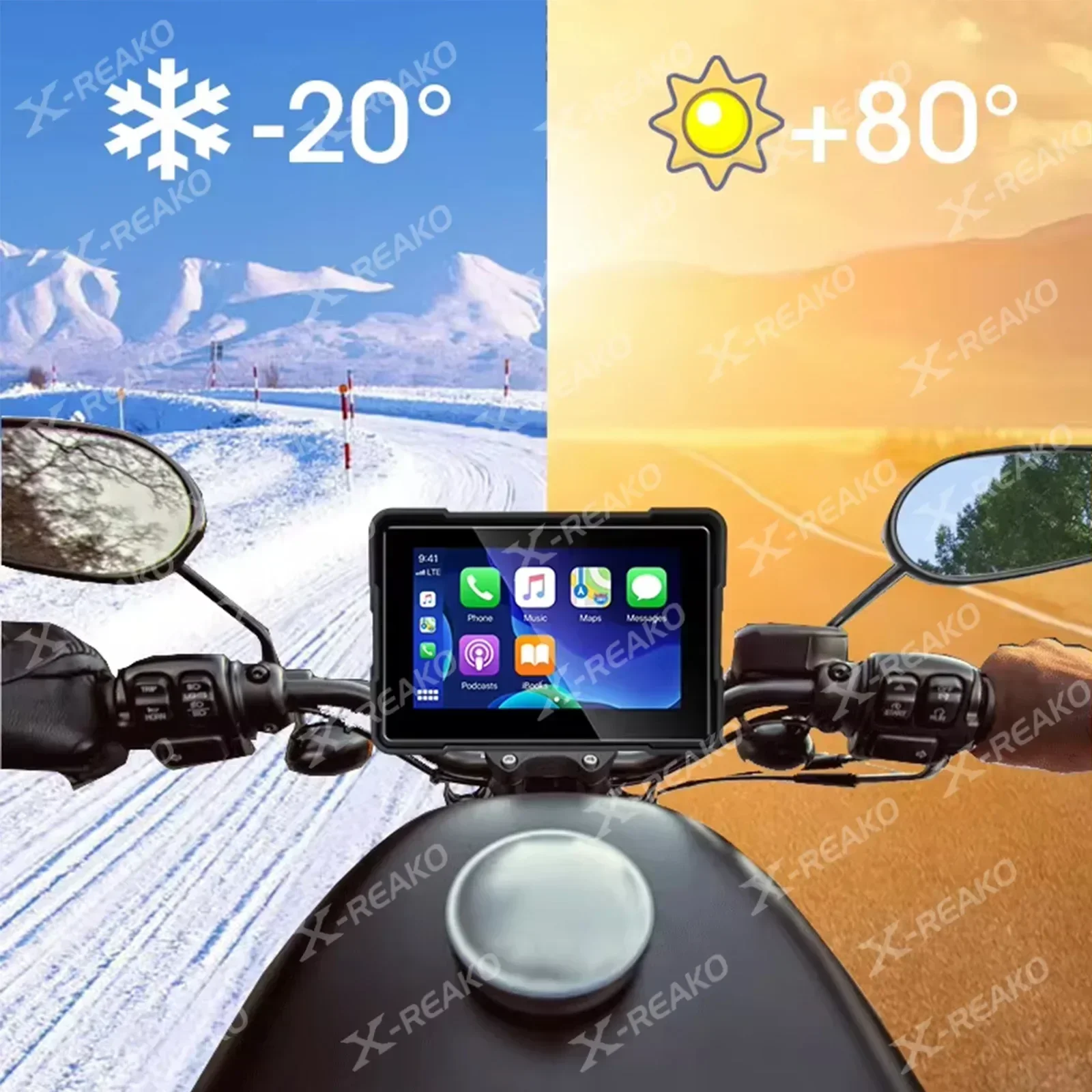 X-REAKO 5-inch Motorcycle GPS Player IPX8 Waterproof Carplay Android Auto Supports Bluetooth Headset/Helmet Touch Screen