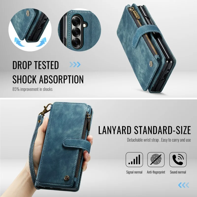 Zipper Leather Wallet Phone Case with Wrist Strap and Card Slots