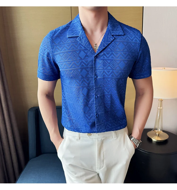 Spring/Summer Short Sleeved Shirt for Men Tailored Collar Lace Shirt Fashion Nightclub Social Party Tuxedo Blouse Streetwear