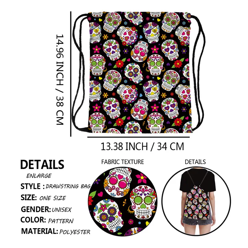Popular Mexican Skull Drawstring Backpack Can Be Stored on One Shoulder Travel Drawstring Duffle Bag
