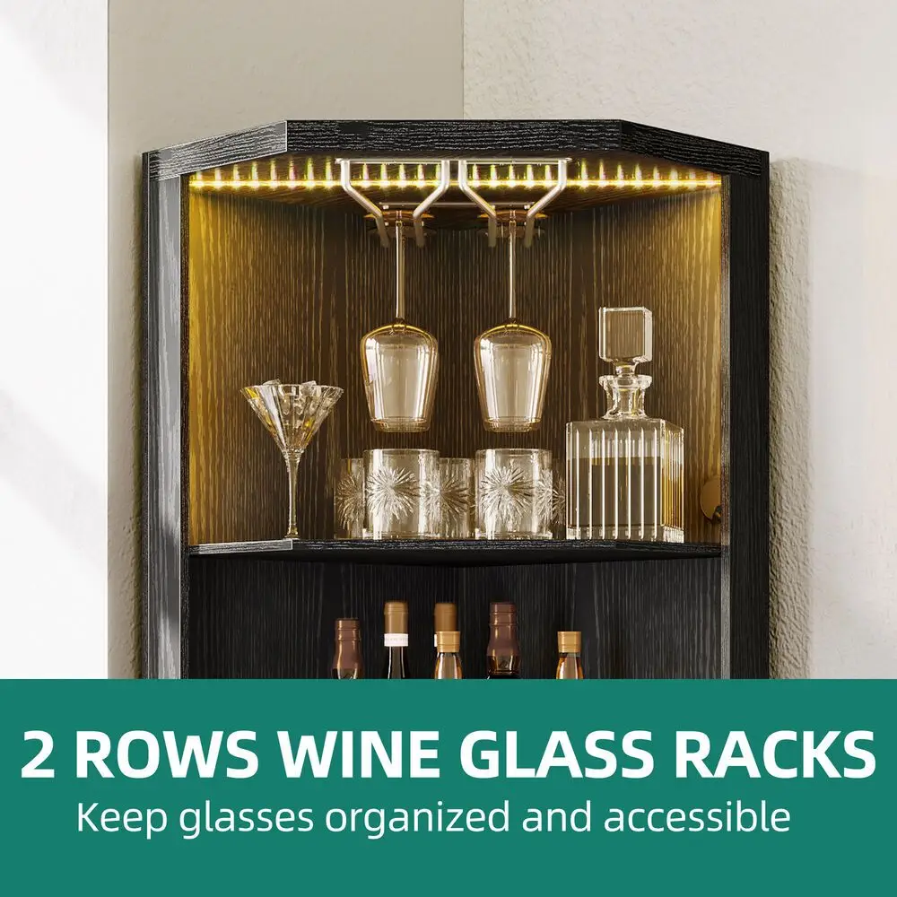 Bar Corner Liquor Cabinet Wine Storage Stemware Rack with LED Light Dining Room