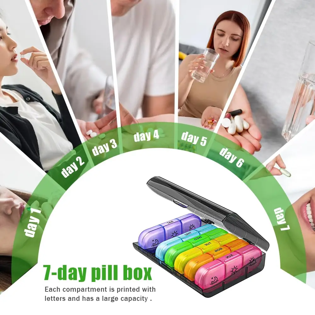 Weekly Portable Pill Box 7 Days with 3 Separate Compartments for Medications Vitamins Compartments Medicine Organizer First Aid