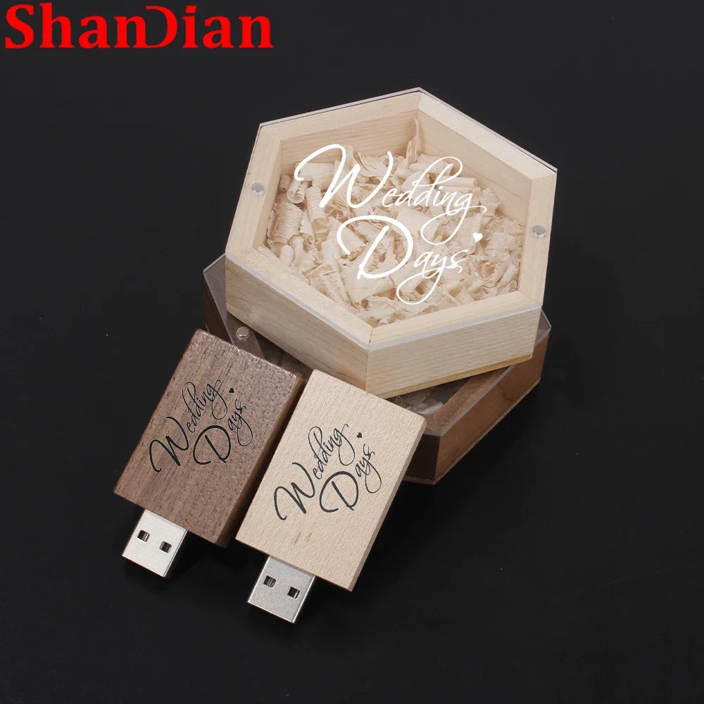 Memorias USB SHANDIAN para fotografía de bodas, memoria USB de madera con logotipo grabado gratis, caja hexagonal creativa, memoria USB de varios estilos