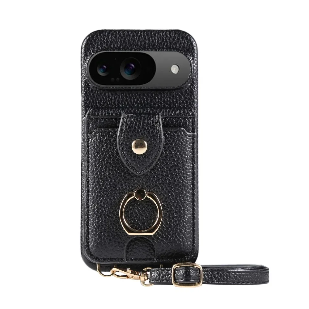 Dual-Function Leather Phone Case with Crossbody Ring and Mirror Wallet