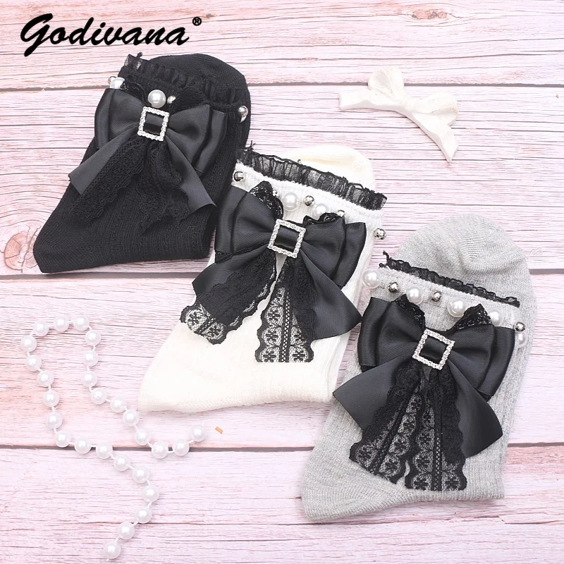 

Handmade Japanese Mine Series Bow Lace Edge Rhinestone Beaded Cute Sweet Cotton Socks Student Girls JK Fairy Short Socks