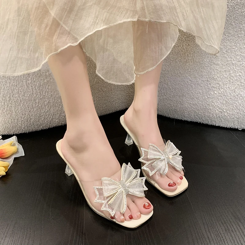 

Sweet Bow Ties Mules Slippers Transparent Fine heel High Heels Sandals Open Toes Colorful Rhinestone Summers Women Big Size 43