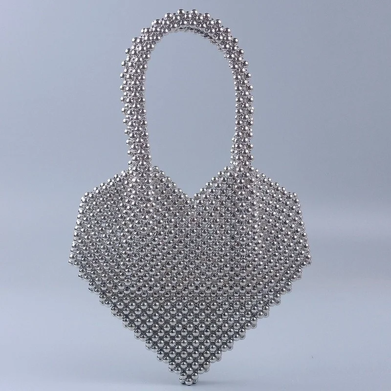 

Summer Women New Heart-Shaped Beaded Handbag Handmade Silver Acrylic Bead Tote Bag Evening Bag Wedding Party Black Pearl 2022