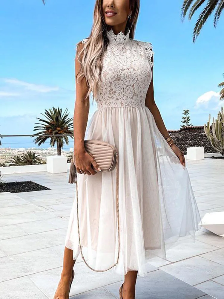 

Summer Elegant White Women Dress Fashion Hook Flower Hollow Lace Mesh Sleeveless Boho Midi Dresses for Women Streetwear Robe