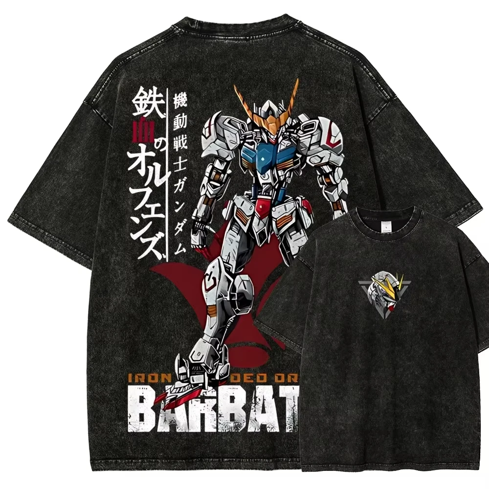 Gundam Barbatos T Shirt Men IBO Vintage Acid Wash Mecha Streetwear Retro Iron Blooded Orphans Japanese Graphic Tees comfortable