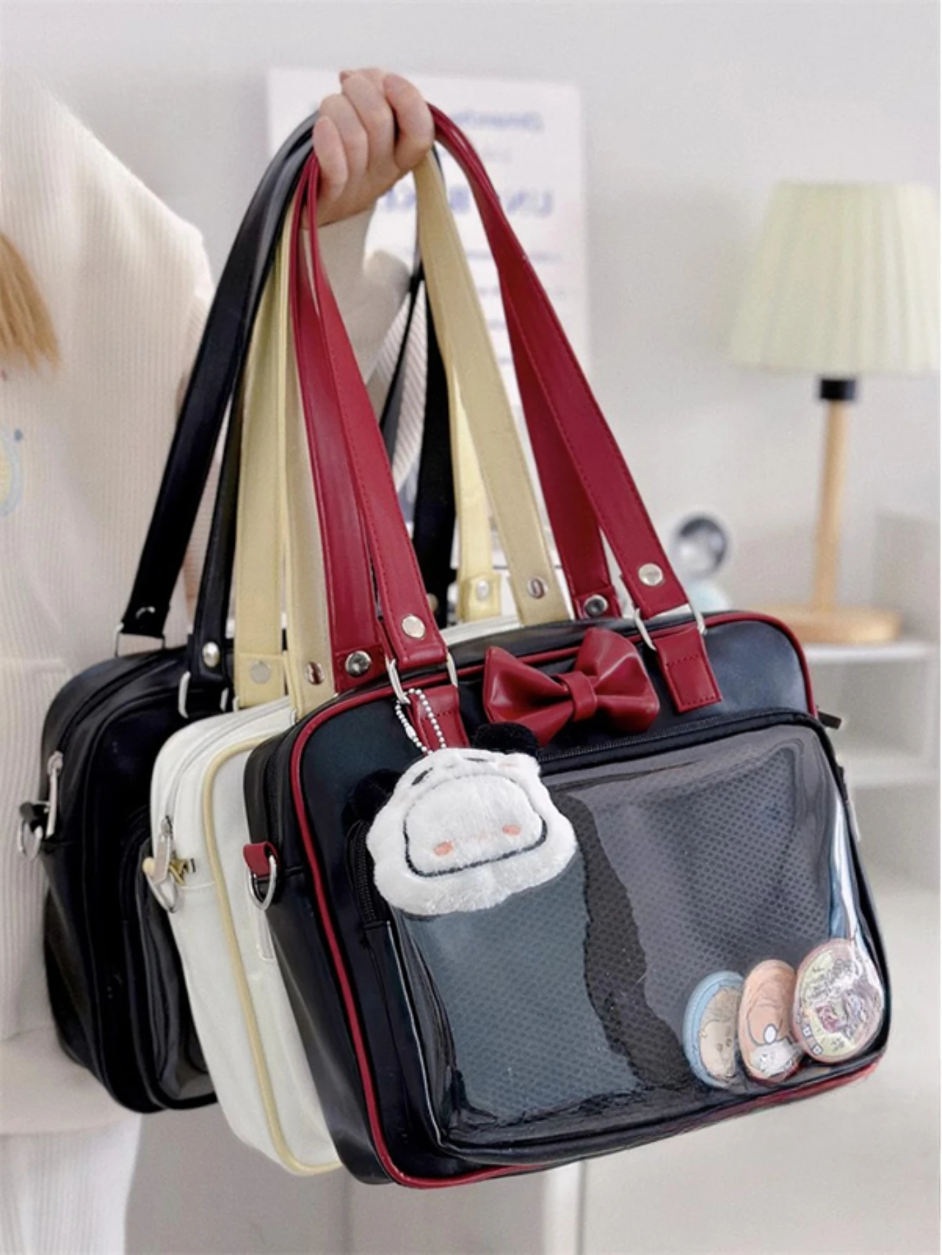 

Japanese Style Kawaii PU Leather Itabag Women Transparent Pocket Bowknot Lolita Shoulder Bag Tote Handbags Women Ita Bag JK Girl