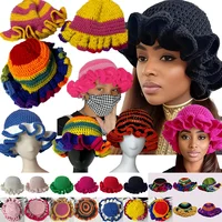 Handmade Crochet Knitted Hats Women Girl Crochet Scallop Ruffle Edge Knit Bucket Caps Adult Trendy Rainbow Striped Beach Sun Hat 1