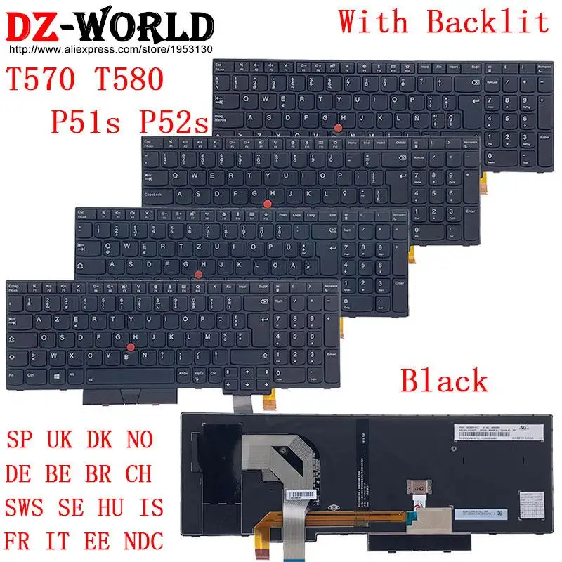 Teclado Retroiluminado para Laptop Lenovo Thinkpad T570 P51s T580 P52s sp dk Não Ser br ch Sss se hu é fr Ele Ndc Qwertz