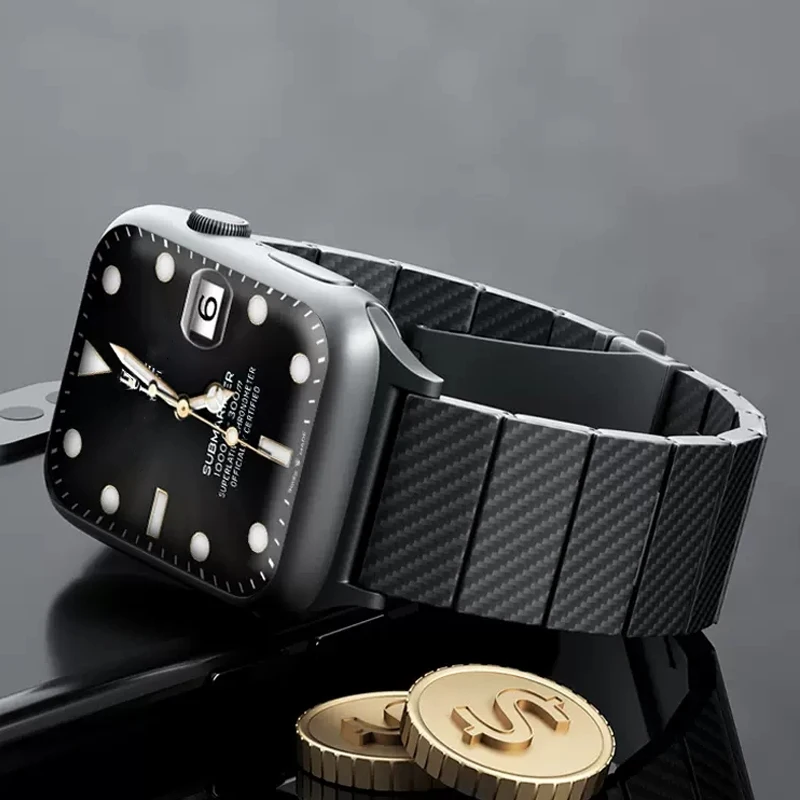 

Ремешок из углеродного волокна для Apple Watch band 44 мм 45 мм 42 мм 40 мм 41 мм 38 мм, металлический тонкий браслет из поликарбоната для iWatch Series 3 4 5 6 SE 7