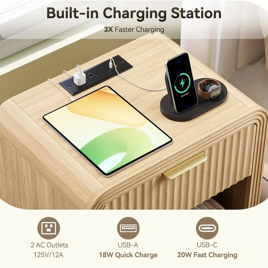 Fluted Nightstand with Charging Station – Gold Handles & Open Shelf 3