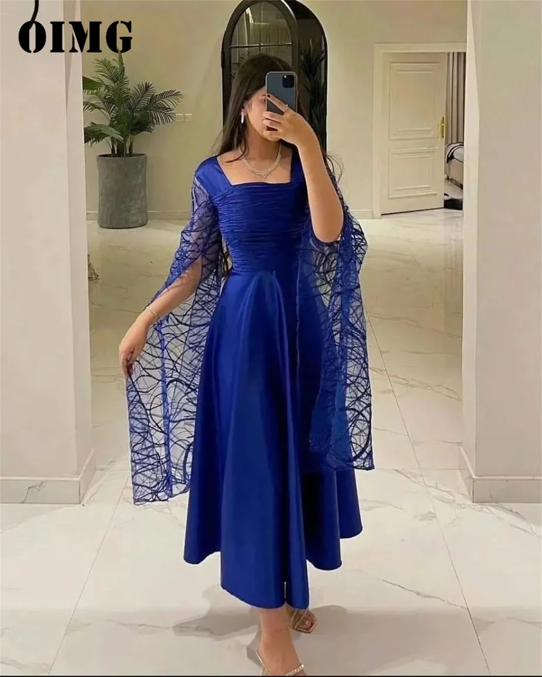 

OIMG New Design Square Collar Prom Dresses Long Sleeves Saudi Arabic Satin Sequined Blue Women Evening Gowns Formal Party Dress