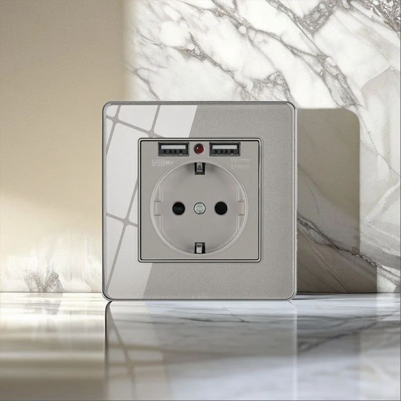 

16A Tempered Glass Panel 86mm*86mm Wall Socket Electrical Outlets EU European Standard Wall Power Socket With 2.1A Dual USB Home