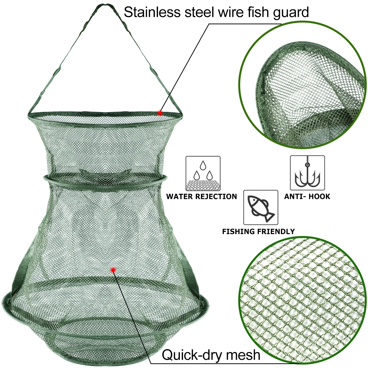 Fishing Net Sougayilang 4 Size Portable Fishing Net 3 Layer Round Folding Mesh Fish 25cm 35cm 42cm 50cm