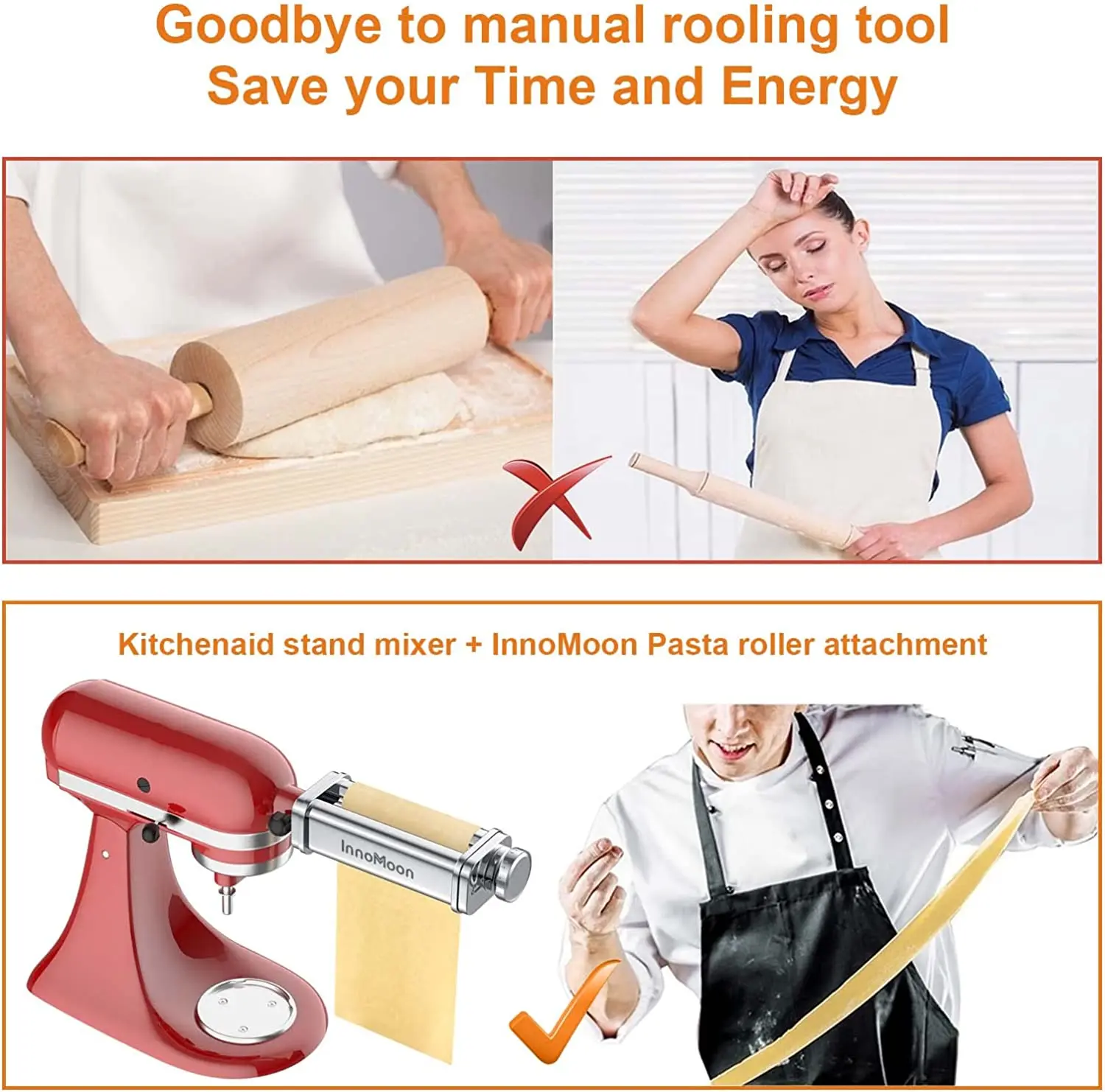 Pasta Maker Attachment Stainless Steel Pasta Roller for Kitchenaid Stand Mixer, 8 Adjustment Knob for Kitchenaid Pasta Maker