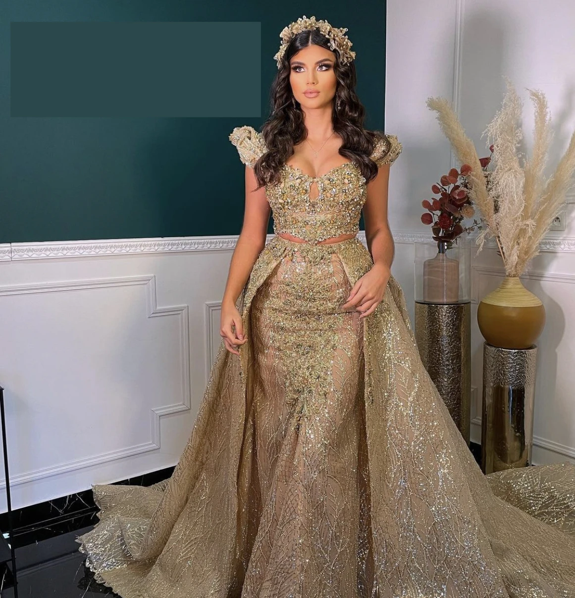 

Floria Custom Made Sparkly Evening Dresses Champagne Two Pieces Beaded Prom Dress Red Carpet Dress Couture Party Night Gowns