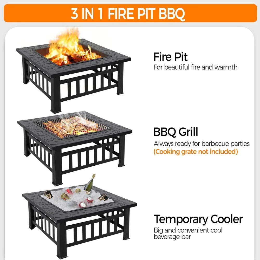 34in Fire Pit Table Outdoor Wood Fire Pits Pits for Outside Patio Square Steel Stove with Mesh Screen, Waterproof Cover &