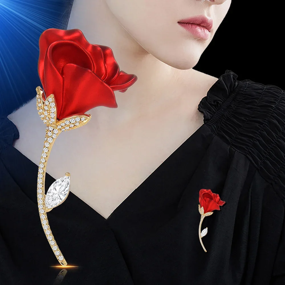 Red Rose Flower Brooch Romantic Enamel Bouquet Zircon Brooch Valentine's Day Gift 2024 New Style Women's Coat Decoration Jewelry