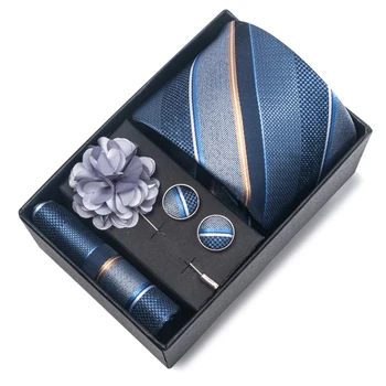 Set di cravatte larghe 8 cm di moda di alta qualità Set di cravatte da uomo a righe blu Gravata Fazzoletto Gemelli Box Fit Cravatta da matrimonio sul posto di lavoro di gruppo 1