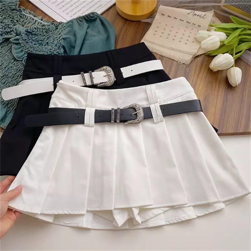 

White black pleated skirt women's summer new girl belt