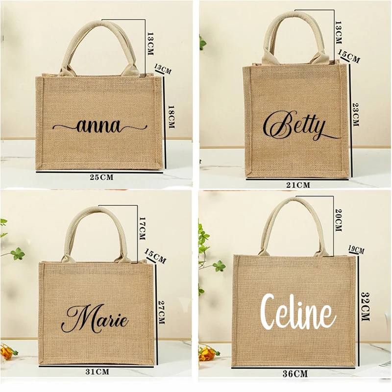 White Handle Custom Name Jute Tote Bag Burlap Handbag Personalized Bridal Bachelorette Party Gift Goodie Bags Girls Trip Mother