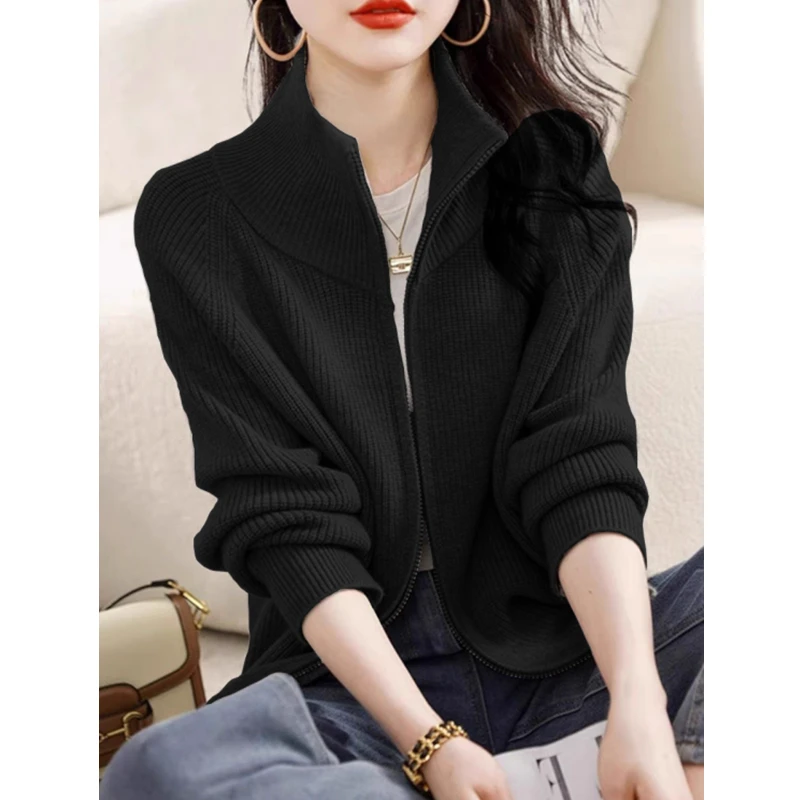 New Fashion Knitted Cardigan Zipper Women's Sweater Turtleneck Solid Color Elegant Long-sleeved Jacket