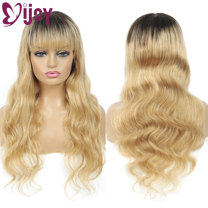 

Ombre Honey Blonde Body Wave Human Hair Wigs With Bangs For Black Women IJOY Full Machine Made Wig Brazilian Non-Remy Hair Wig
