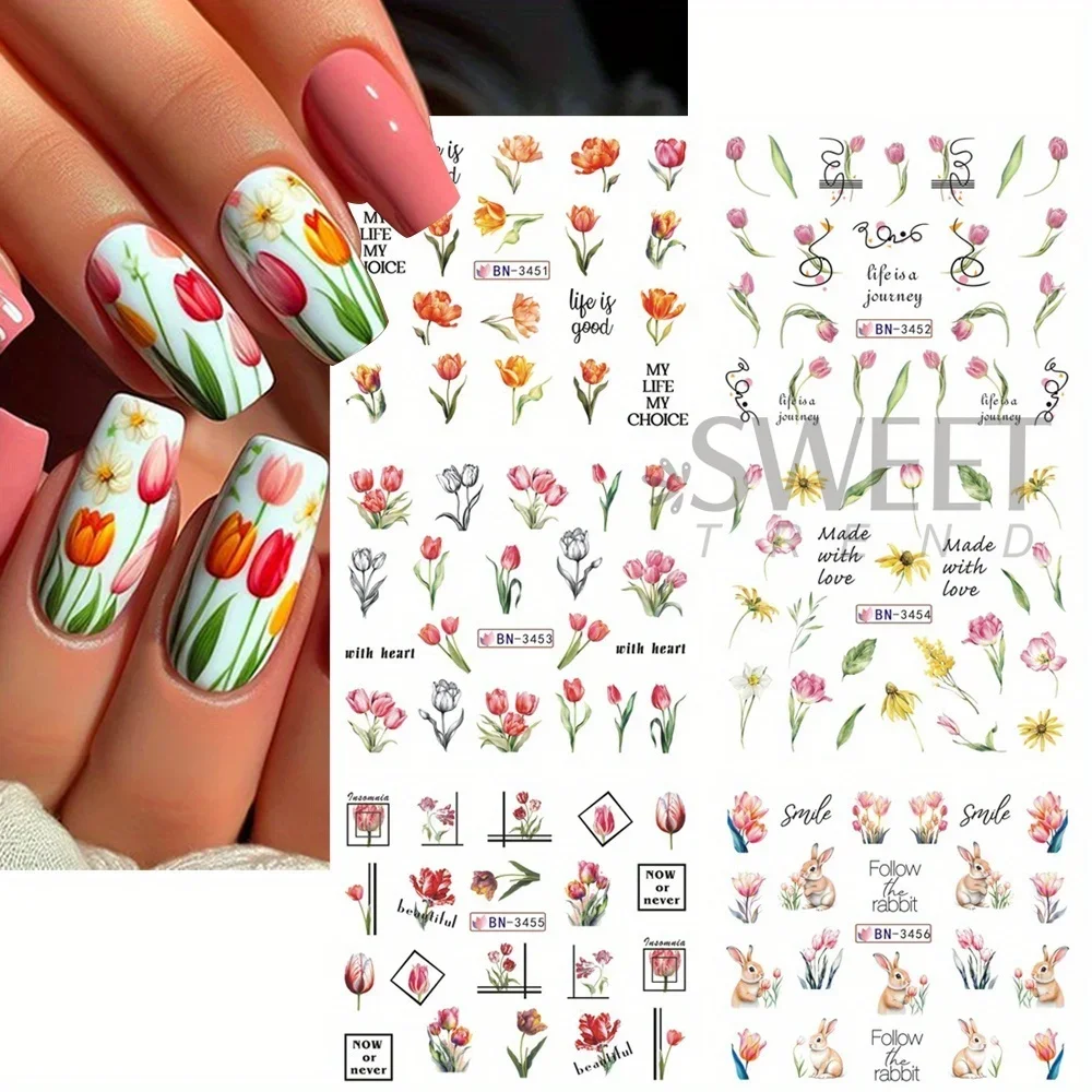 Simple Tulips Flower Nail Stickers 12 Designs Colorful Bouquet Bow Sunflower Water Decals Nail Art Decoration Watermark Florals