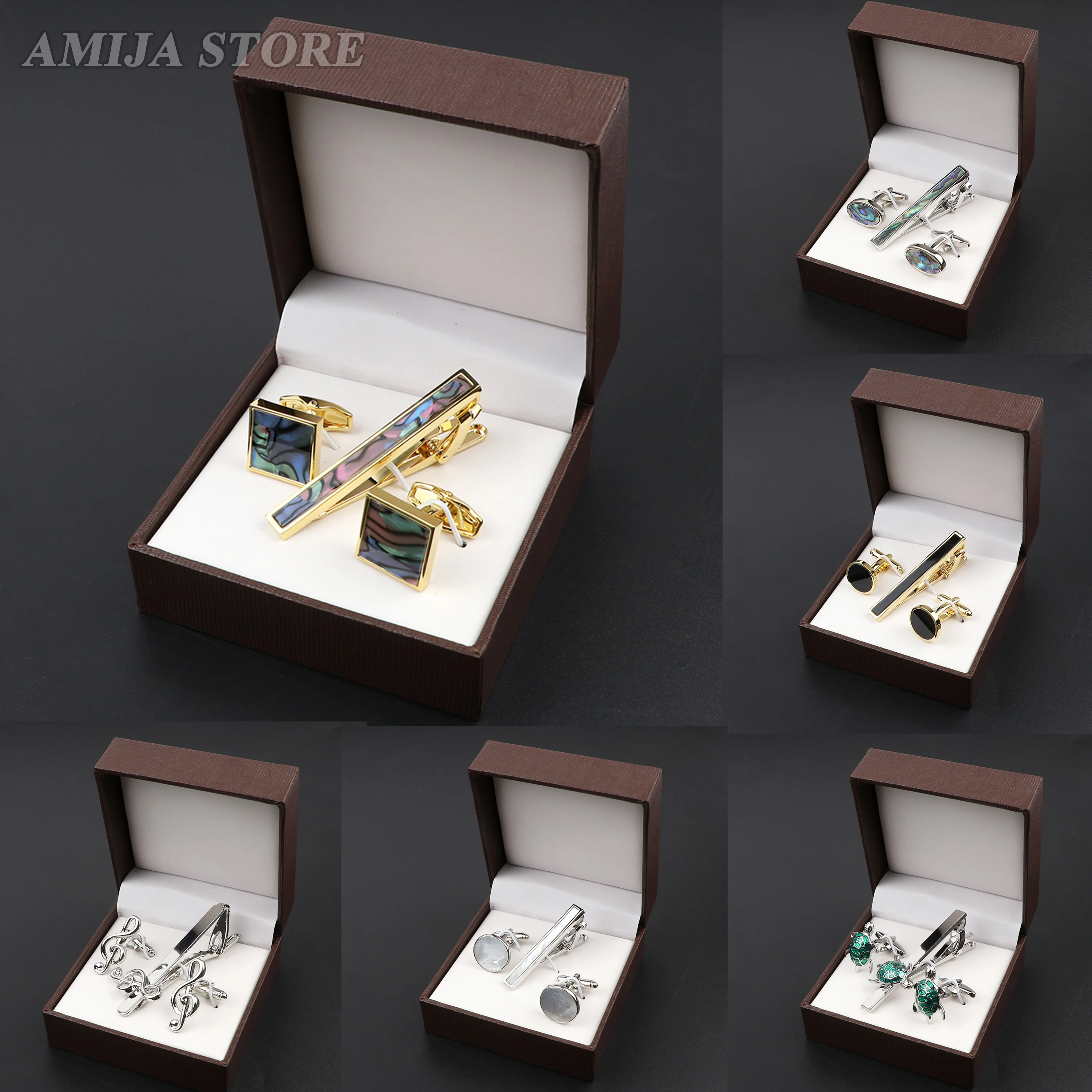 LuxuryCufflinksTieClipWithBoxShellPearlTieClipMenClassicBrandCuffWedding