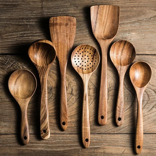 Wooden Spoons for Cooking,7Pcs Wooden Utensils for Cooking Teak Wooden  Kitchen Utensil Set Wooden Cooking Utensils Wooden Spatula for Cooking