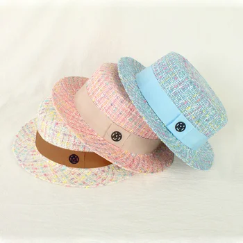 French elegant women flat top hat fedora churn hat color jacquard hat autumn pink tweed top hat old money style fashion girl hat
