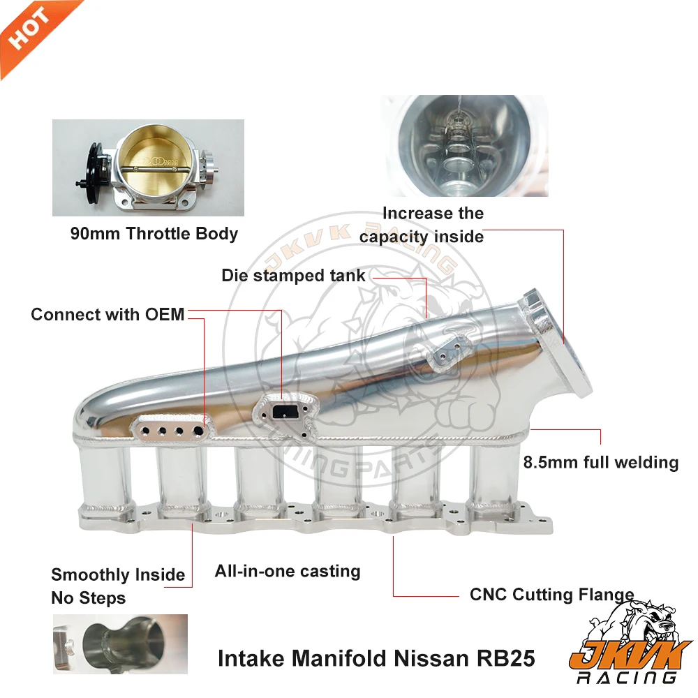 JKVK RACING Billet 흡기 매니 폴드 RB25 RB25DET 엔진 용 90mm 스로틀 알루미늄 바디 성능 흡기 매니 폴드 키트