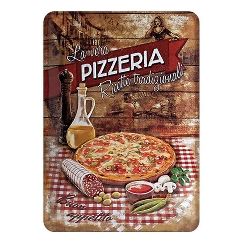 Vintage Tin Pizza Sign - Retro Metal Wall Art for Dining Room or Restaurant Decor