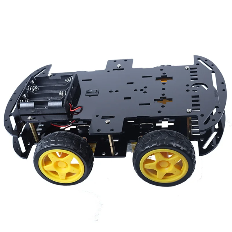 Robot Tank 4WD en action sur sol carrelé, chenilles en caoutchouc, châssis acrylique noir brillant