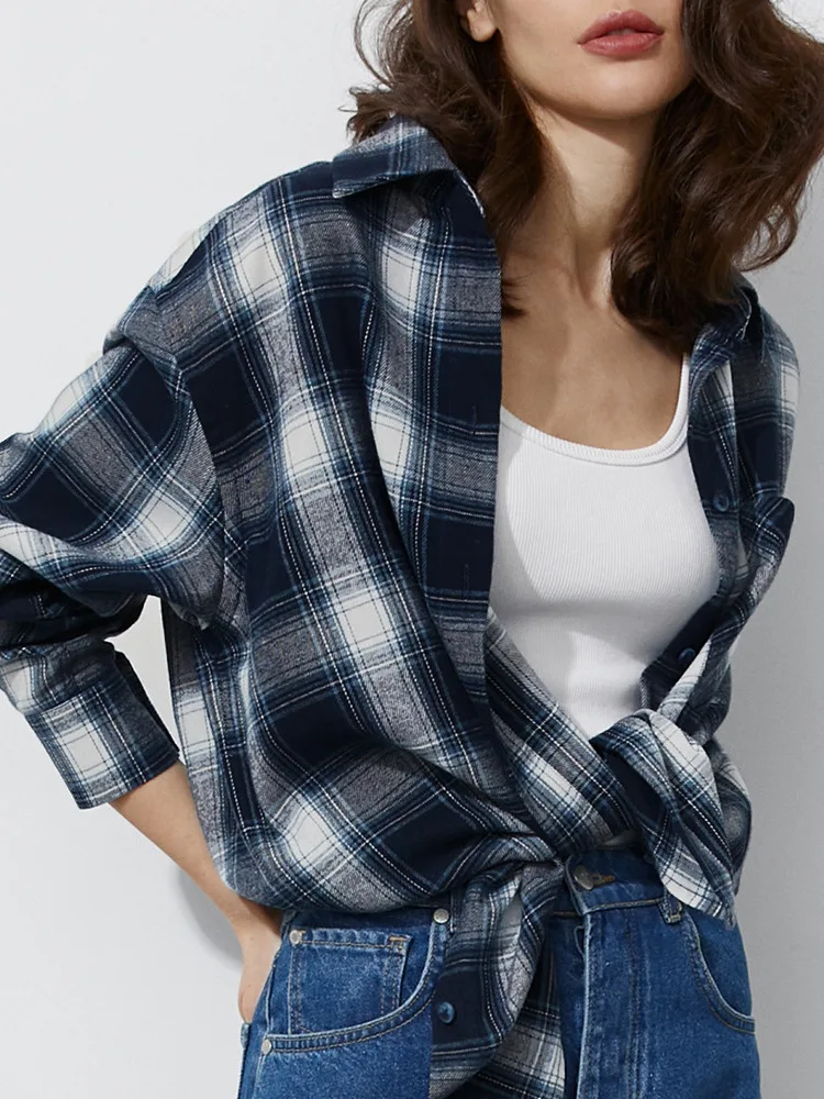 

Женская винтажная рубашка в клетку, Офисная Повседневная Базовая Блузка с длинным рукавом и отложным воротником в стиле ретро, уличная одежда для ленивых,