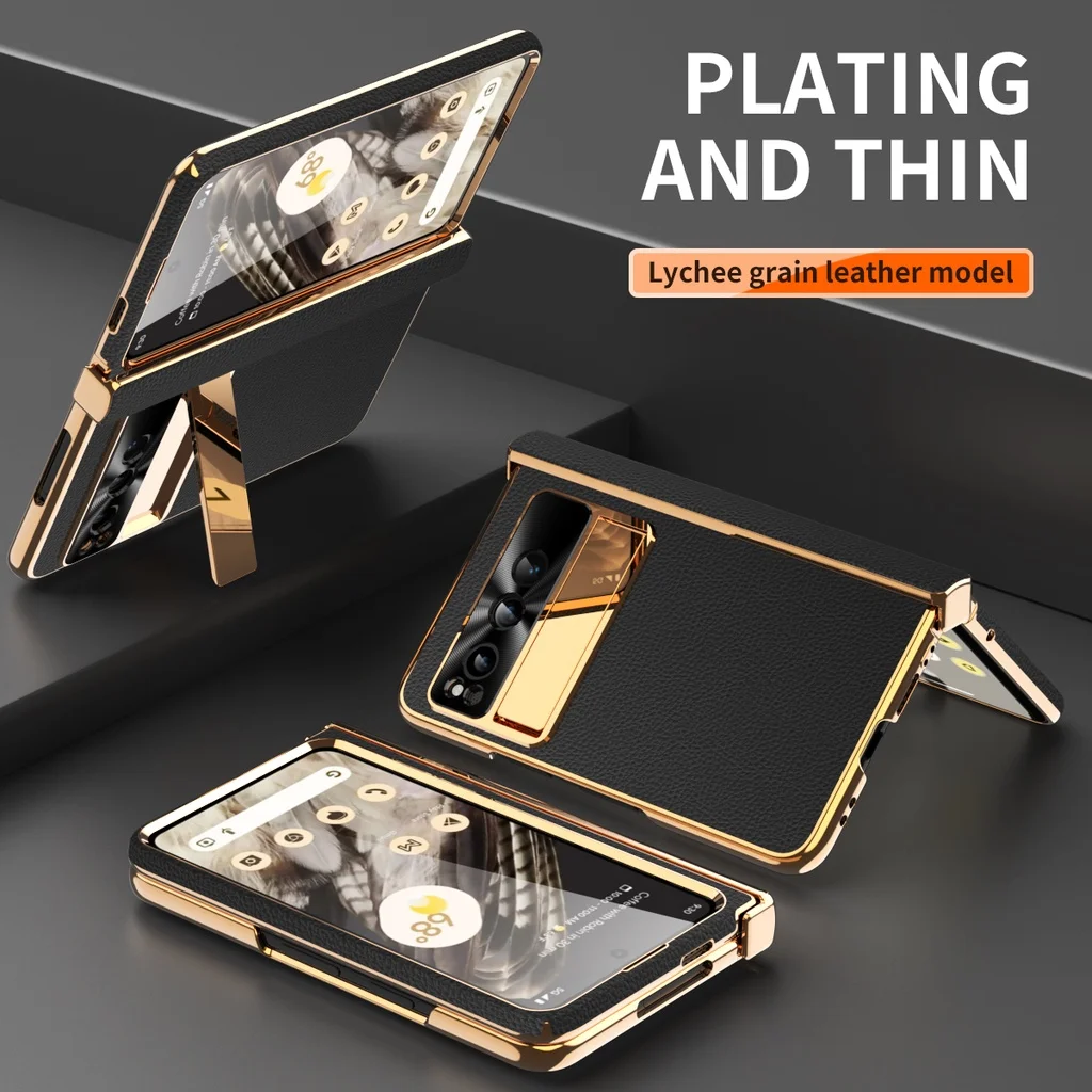 For Google Pixel Fold Case Luxury Premium Leather Plating Hinge Kickstand Glass Screen Protector Flip Cover with Bracket