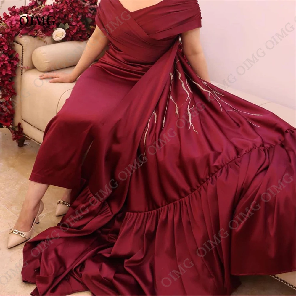 

OIMG Red Beach Saudi Arabic Evening Dresses Beads Off Shoulder Sexy Satin Shiny Prom Party Dress Customized Dubai Occasion Gown