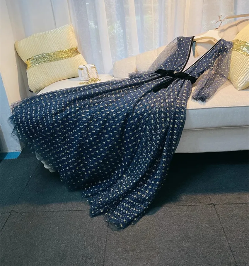 

Женское Сетчатое платье в горошек, Длинное Элегантное Привлекательное платье в горошек с поясом и глубоким V-образным вырезом, с бусинами и рукавами-фонариками, весна-лето 2024