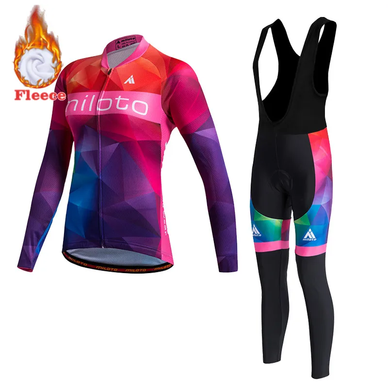 MILOTO-Winter Fleece Cycling Jersey Set for Women, Mountain Bicycle Clothes, Bike Wear, Cycling Clothing, Racing Team,