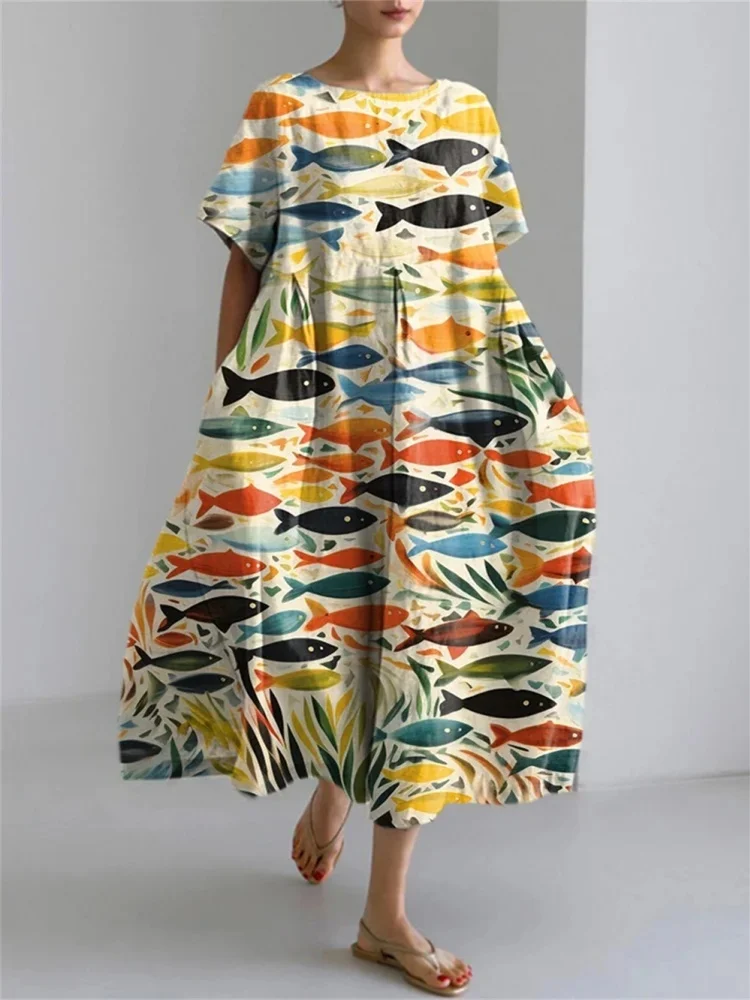 Fish Pattern Clothes Fresh Color Fish Print Round Neck Loose Dress Outdoor Holiday Casual ...