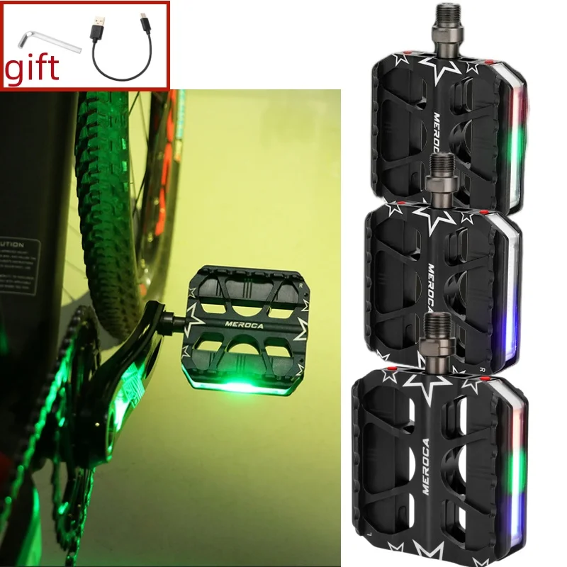 알루미늄 MTB 자전거 페달 3개의 밀폐형 베어링 블랙 LED 라이트 포함 9/16 퀵 릴리즈 자전거 페달 MTB 폴딩 바이크용