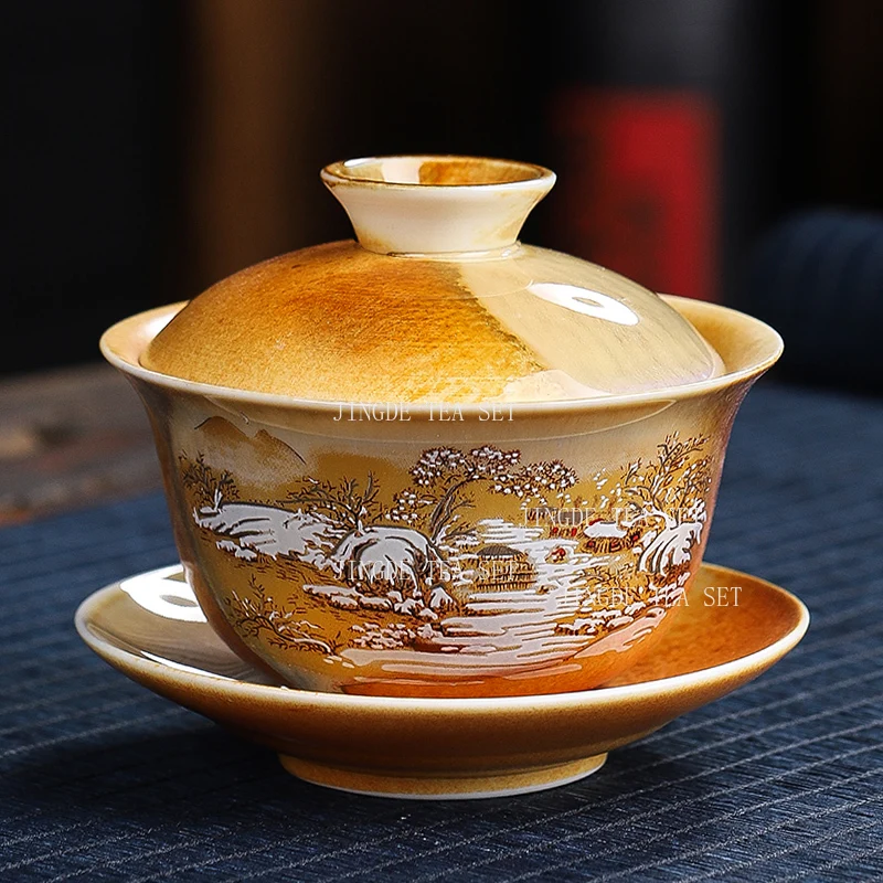 140ml Hand Drawn Three Talent Bowl Lid Ceramic Landscape Chinese Style Tea Bowl Chinese Household Underglaze Colored Tea Bowl